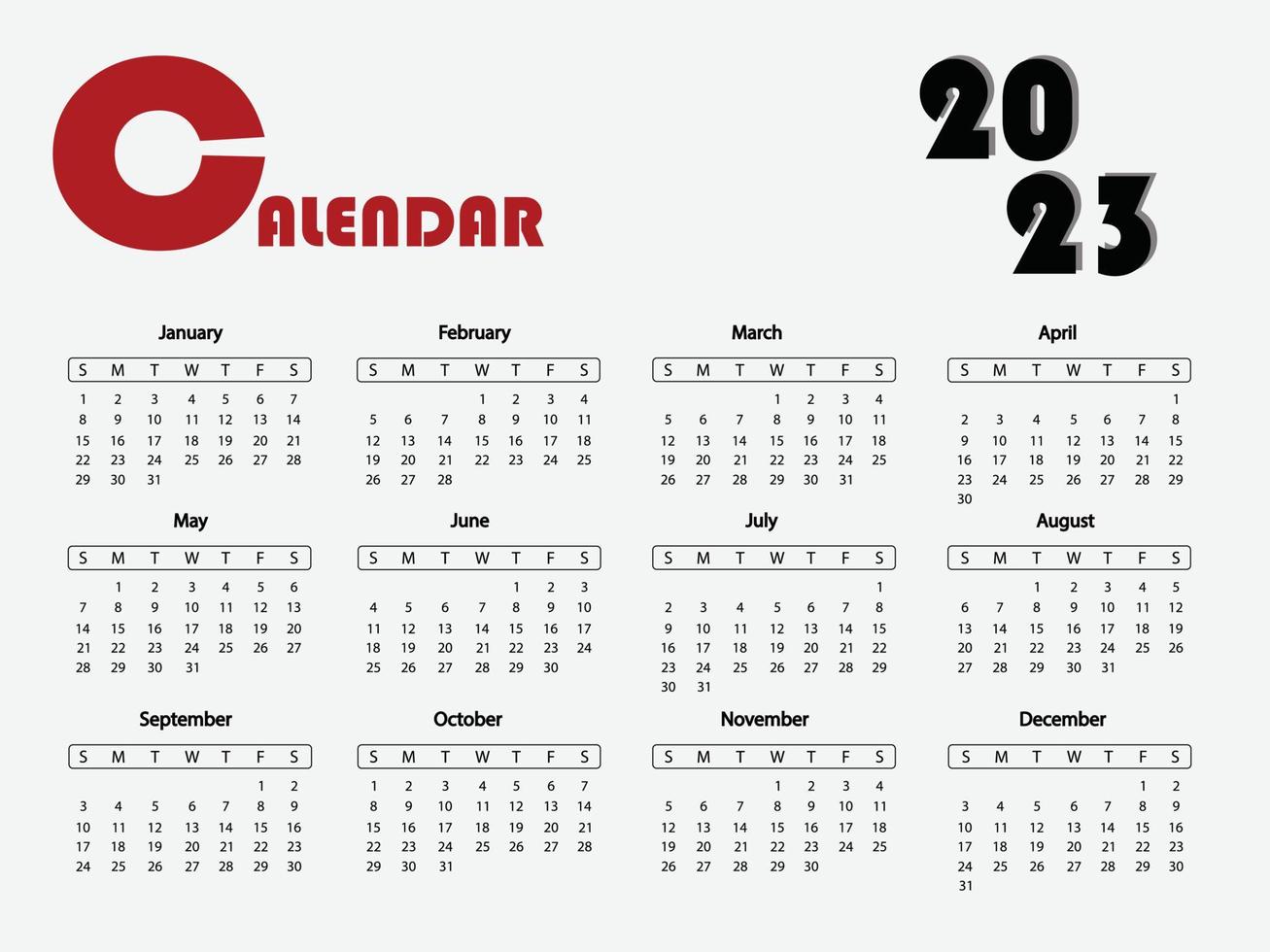 Calendar 2023 minimalist style. This 12 months calendar in 2023. Vector illustration.