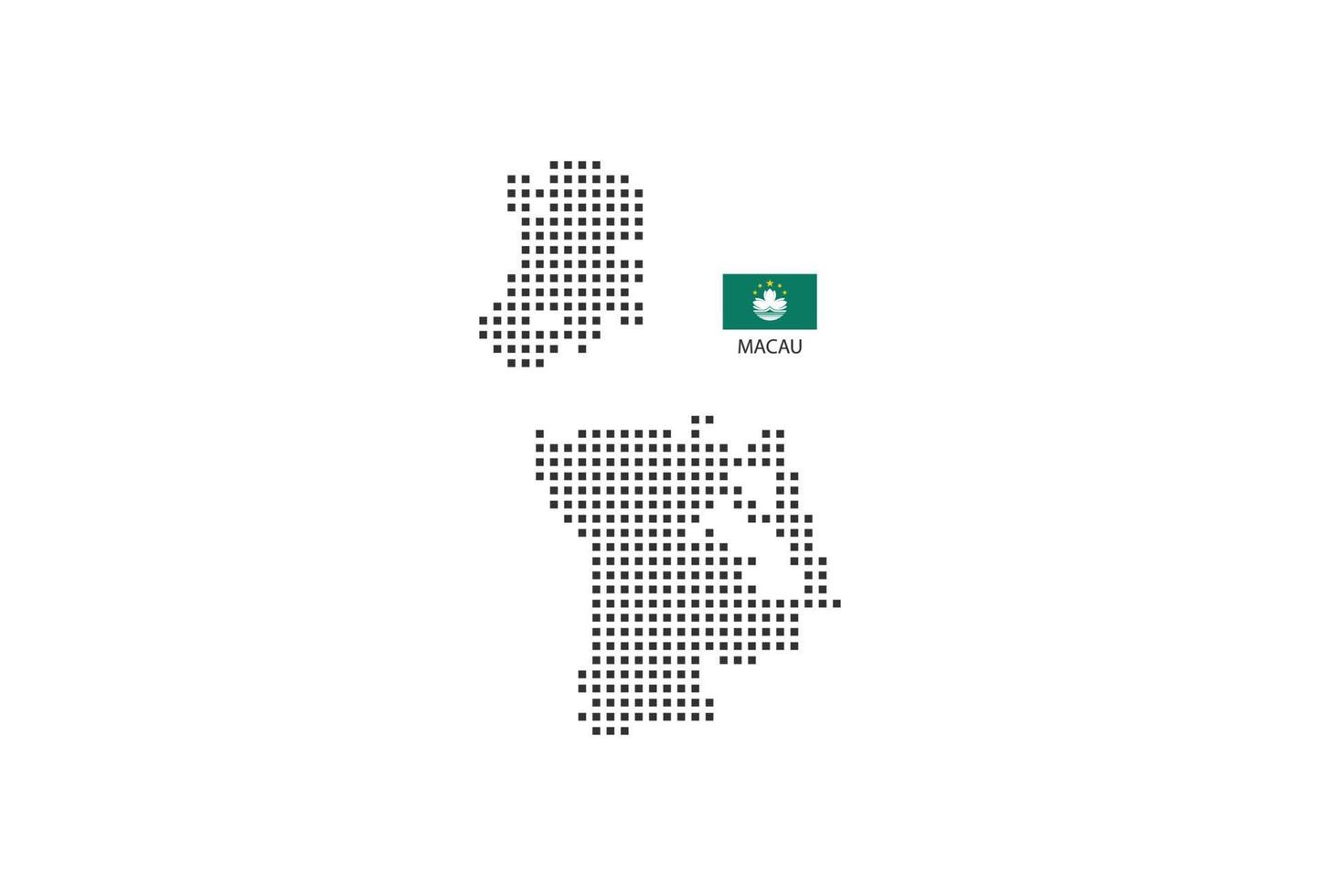 Vector square pixel dotted map of Macau isolated on white background with Macau flag.