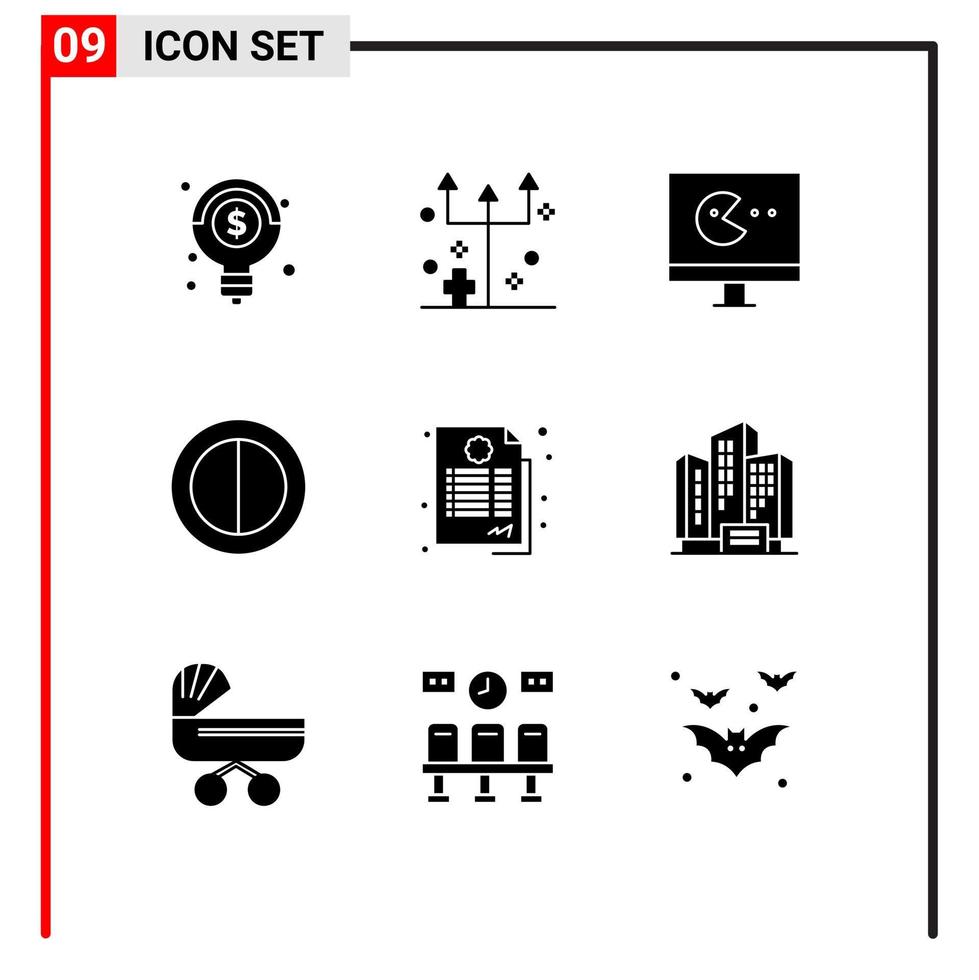Set of 9 Vector Solid Glyphs on Grid for address guarantee game contract contrast Editable Vector Design Elements