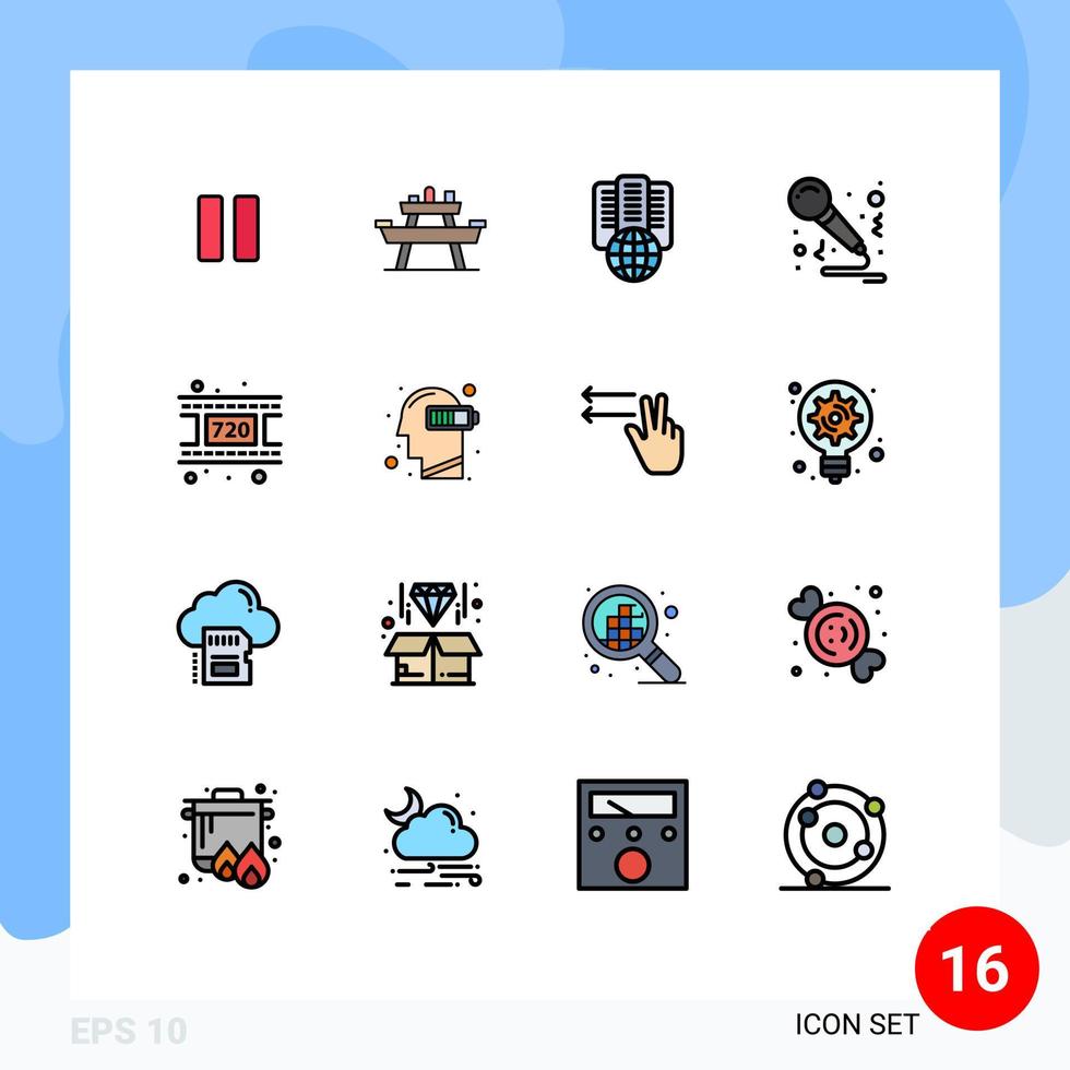 Group of 16 Flat Color Filled Lines Signs and Symbols for movie party picnic music server Editable Creative Vector Design Elements