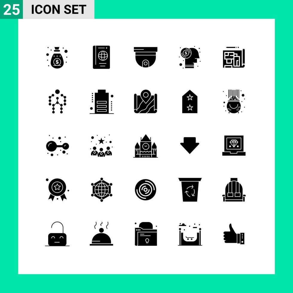 Set of 25 Vector Solid Glyphs on Grid for architecture dollar travel currency surveillance Editable Vector Design Elements