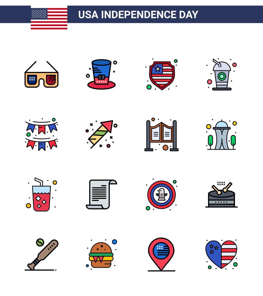 USA Independence Day Flat Filled Line Set of 16 USA Pictograms of decoration american american soda cola Editable USA Day Vector Design Elements