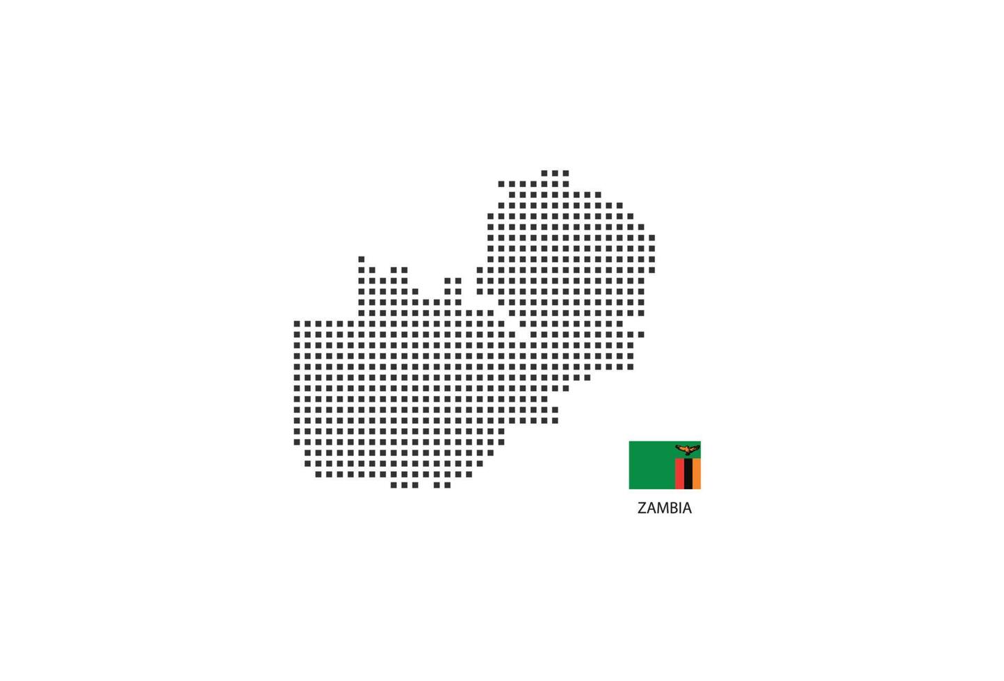 Vector square pixel dotted map of Zambia isolated on white background with Zambia flag.