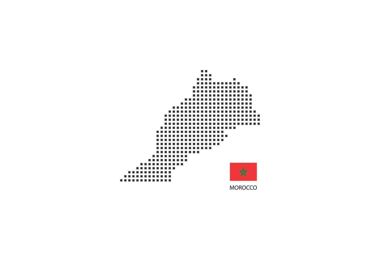 Mapa punteado de píxeles cuadrados vectoriales de Marruecos aislado sobre fondo blanco con bandera de Marruecos. vector