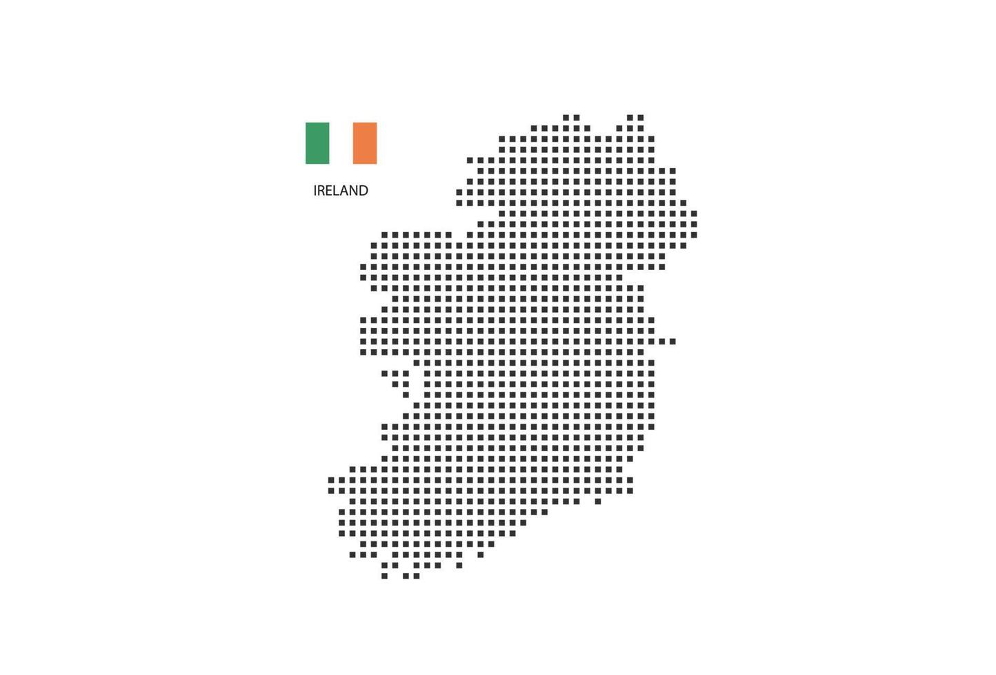 Mapa punteado de píxeles cuadrados vectoriales de Irlanda aislado sobre fondo blanco con bandera de Irlanda. vector