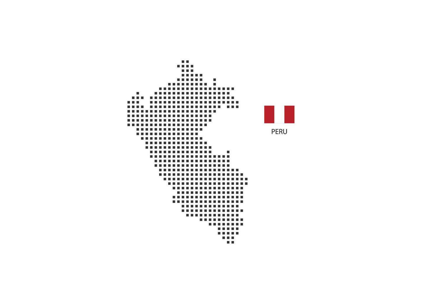 Vector square pixel dotted map of Peru isolated on white background with Peru flag.