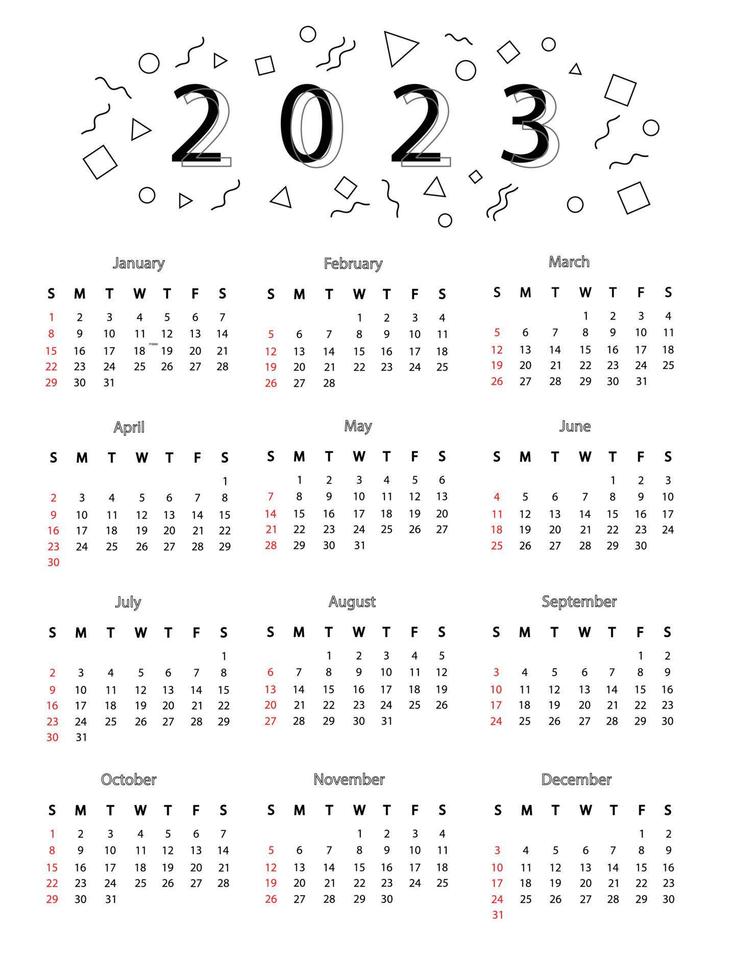 Calendar 2023 with black line abstract shape. This 12 months calendar in 2023. Vector illustration.