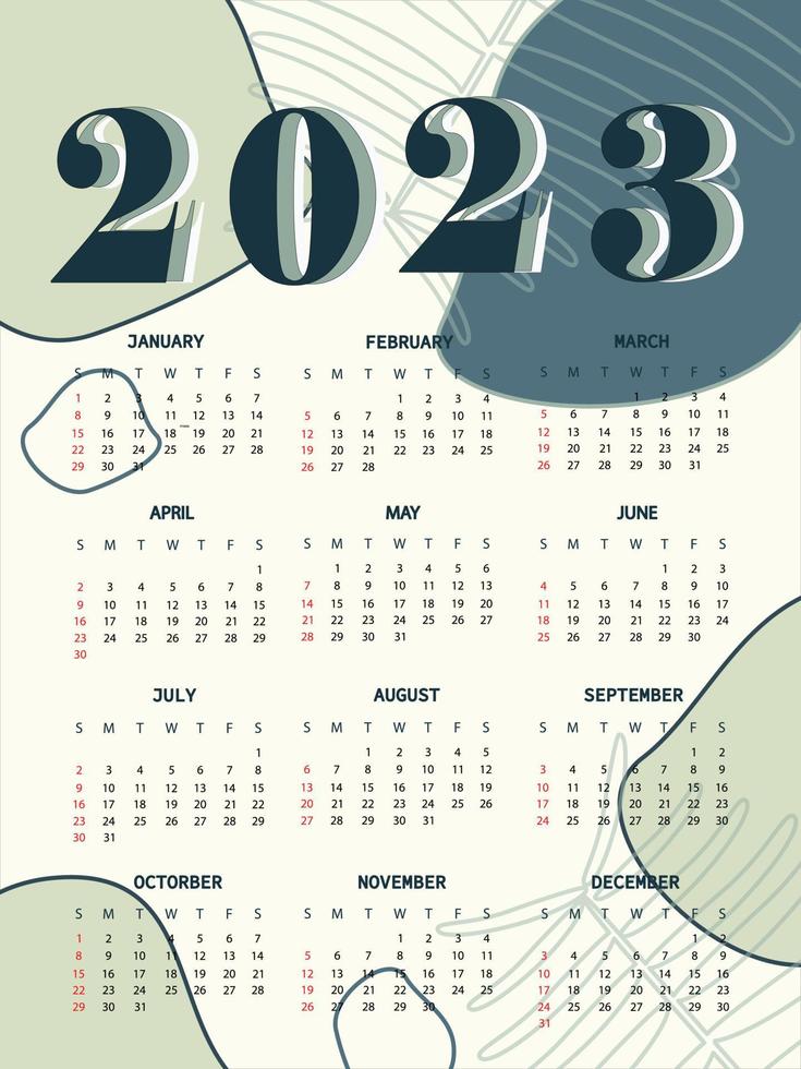 12 months calendar in 2023 with abstract minimalist green tone background. Vector illustration 2023 calendar.