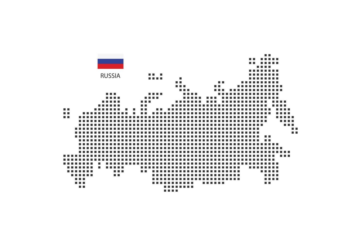 Mapa punteado de píxeles cuadrados vectoriales de Rusia aislado sobre fondo blanco con la bandera de Rusia. vector