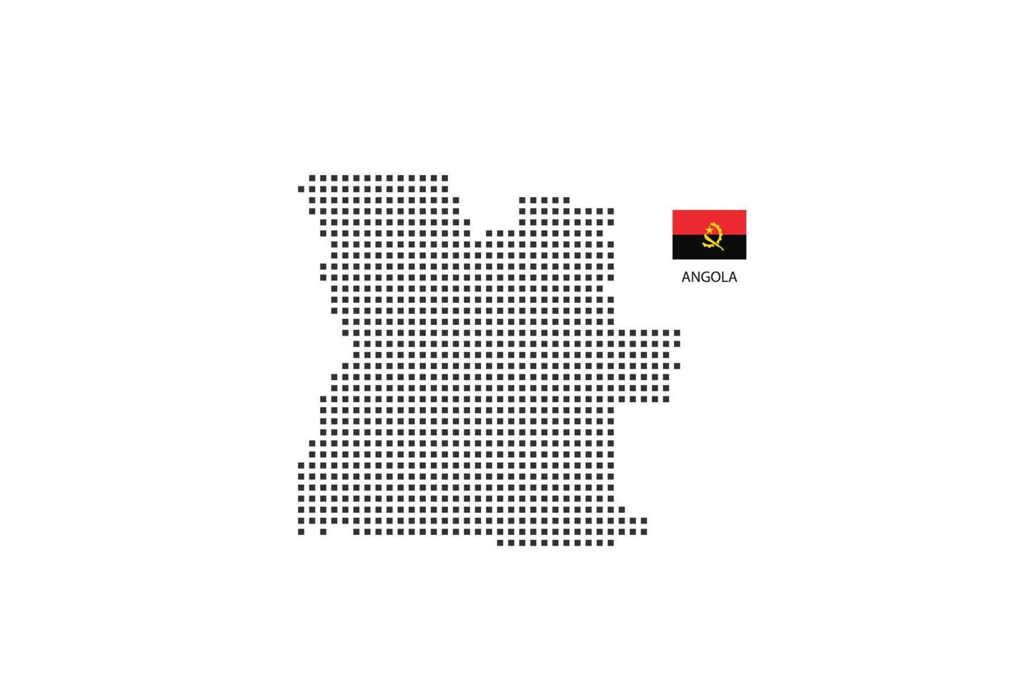 Vector square pixel dotted map of Angola isolated on white background with Angola flag.