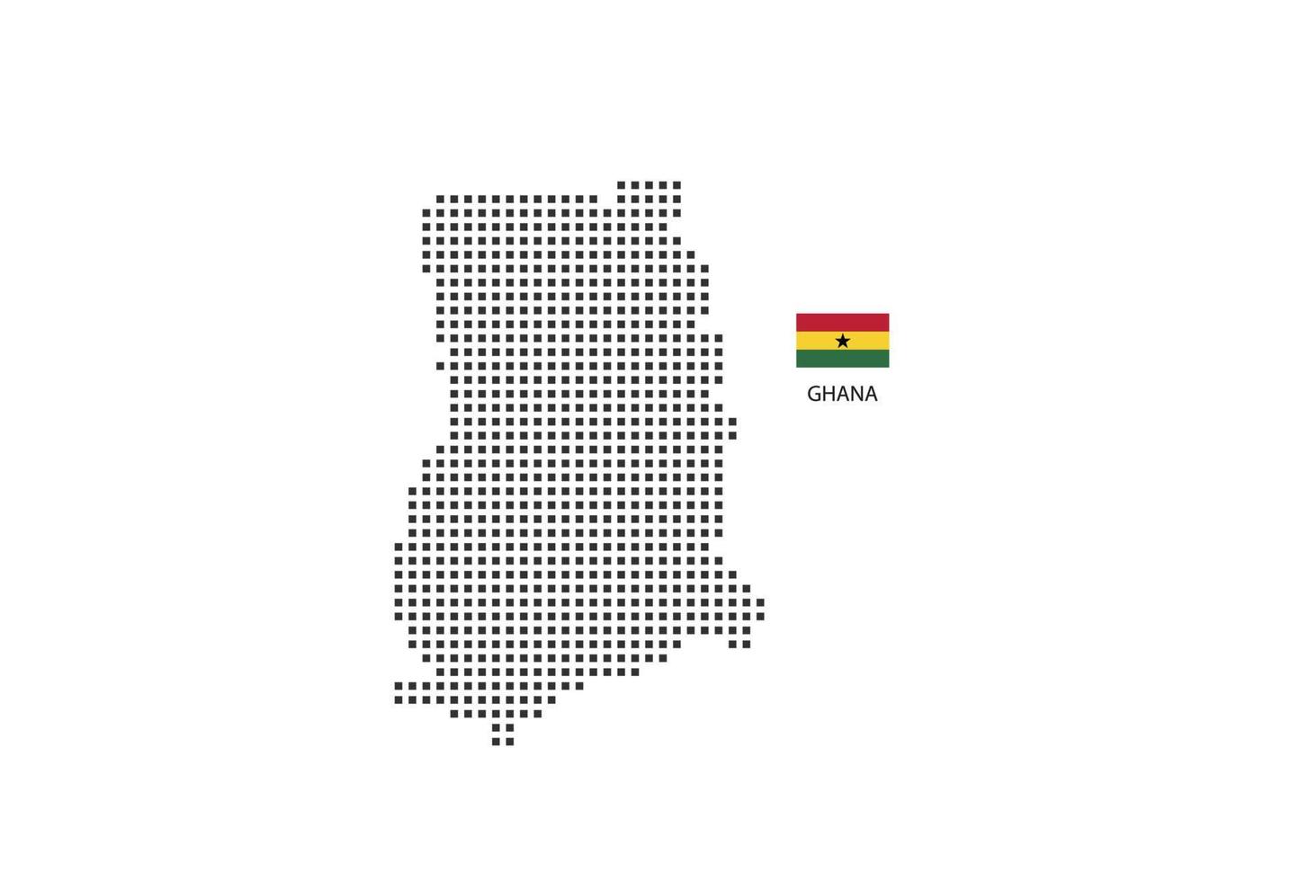 Vector square pixel dotted map of Ghana isolated on white background with Ghana flag.