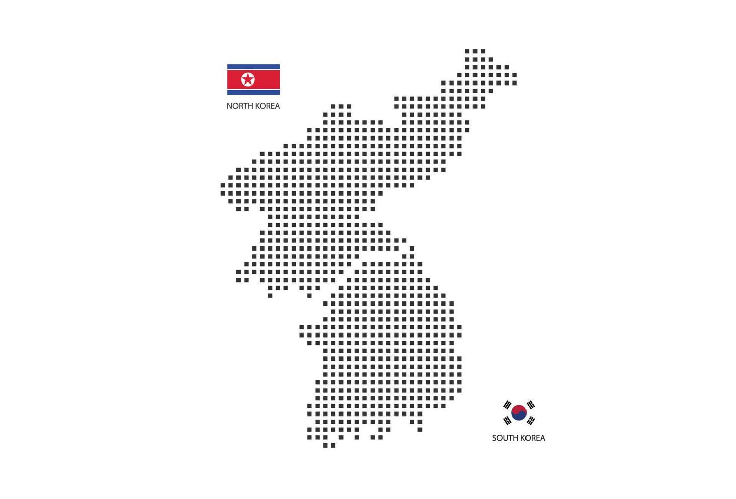 Mapa punteado de píxeles cuadrados vectoriales de corea aislado sobre fondo blanco con bandera de corea. vector