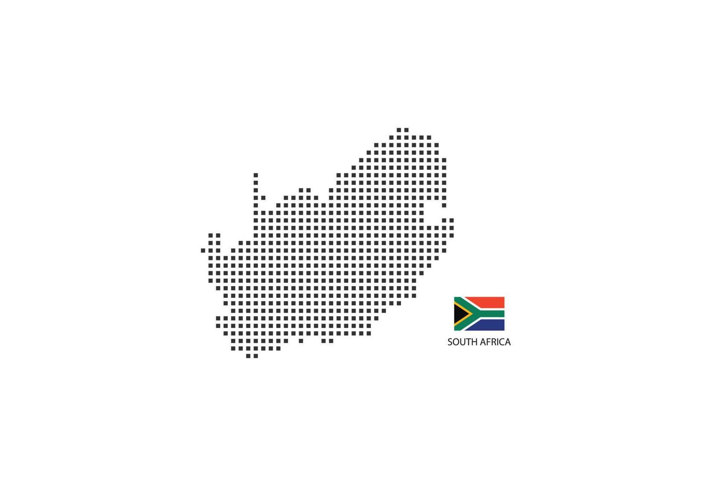 Vector square pixel dotted map of South Africa isolated on white background with South Africa flag.