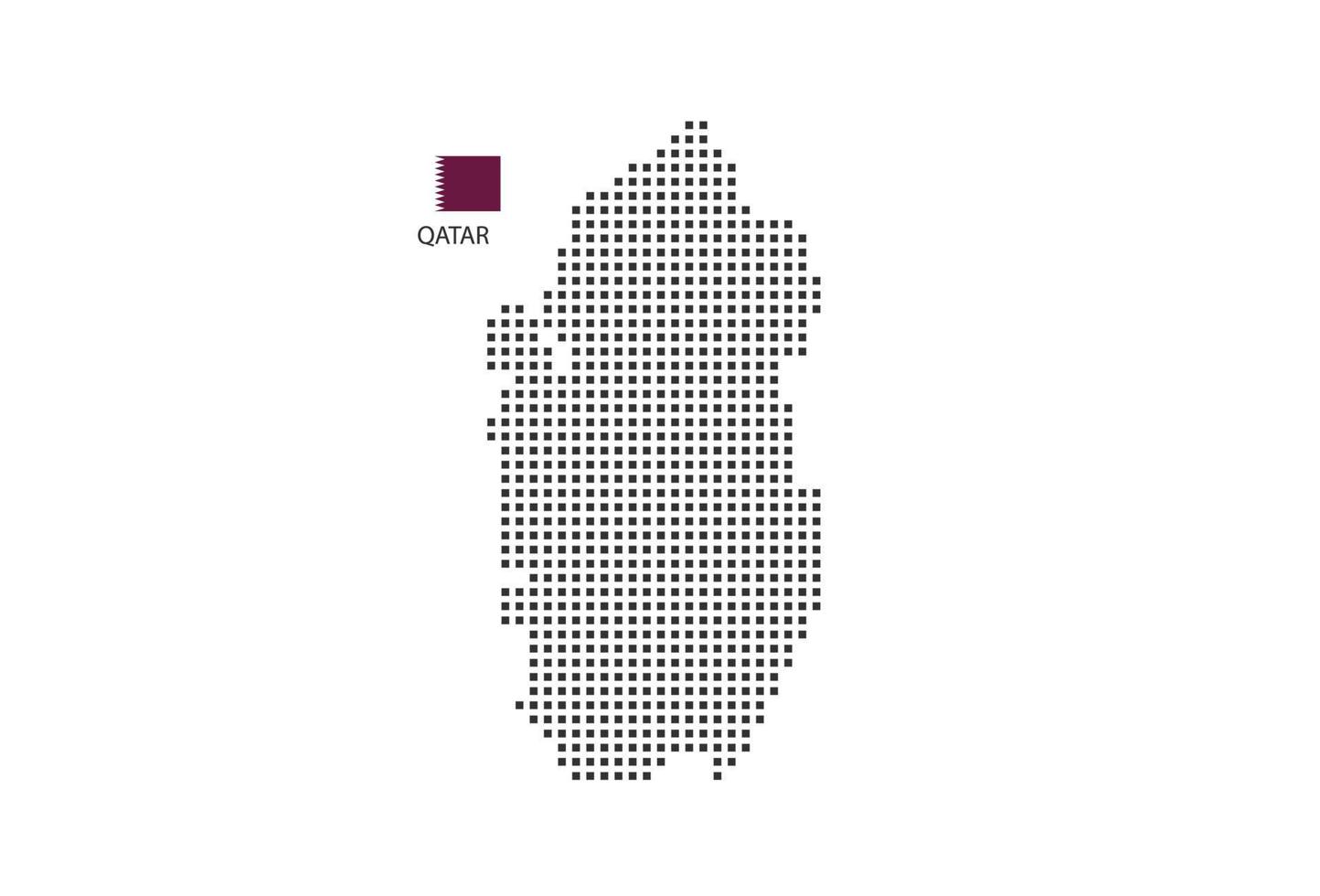 Vector square pixel dotted map of Qatar isolated on white background with Qatar flag.