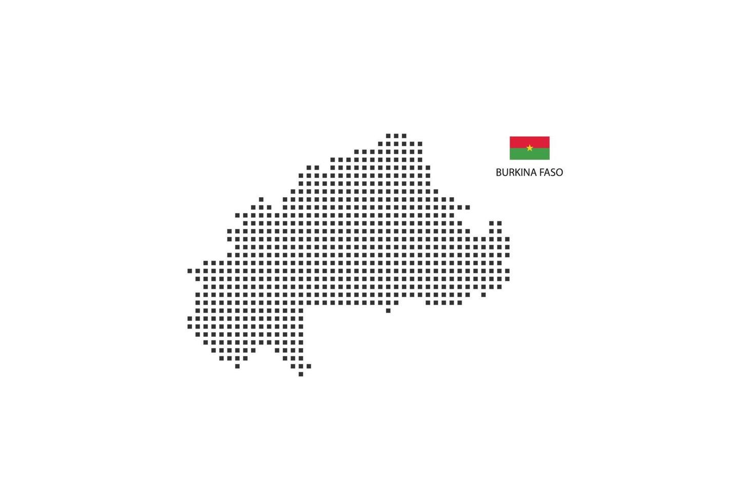 mapa punteado de píxeles cuadrados vectoriales de burkina faso aislado sobre fondo blanco con bandera de burkina faso. vector