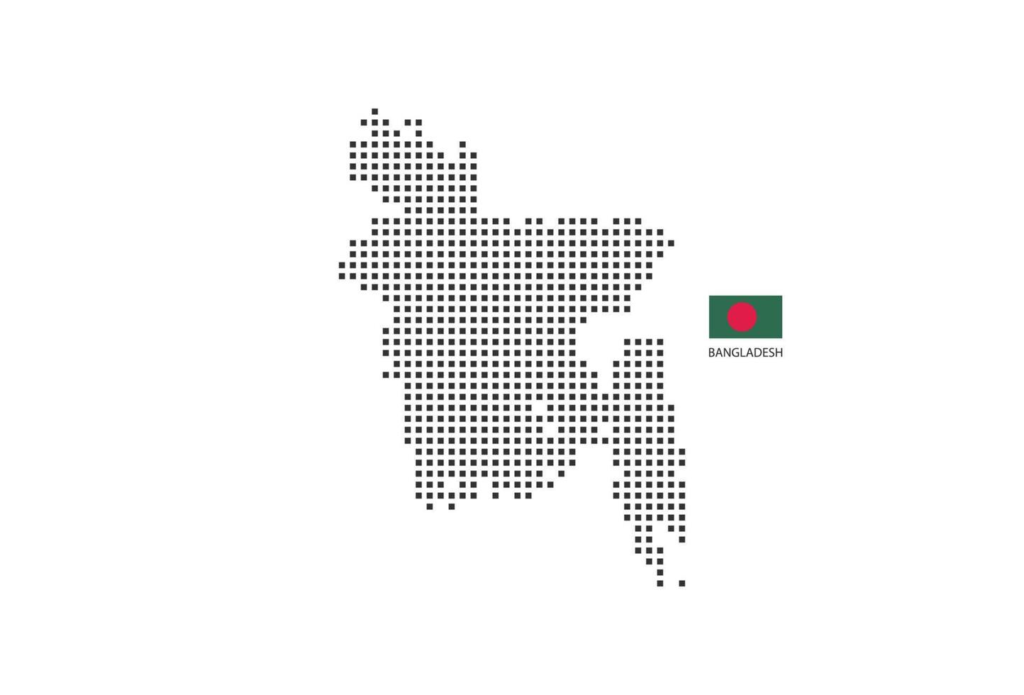 Vector square pixel dotted map of Bangladesh isolated on white background with Bangladesh flag.