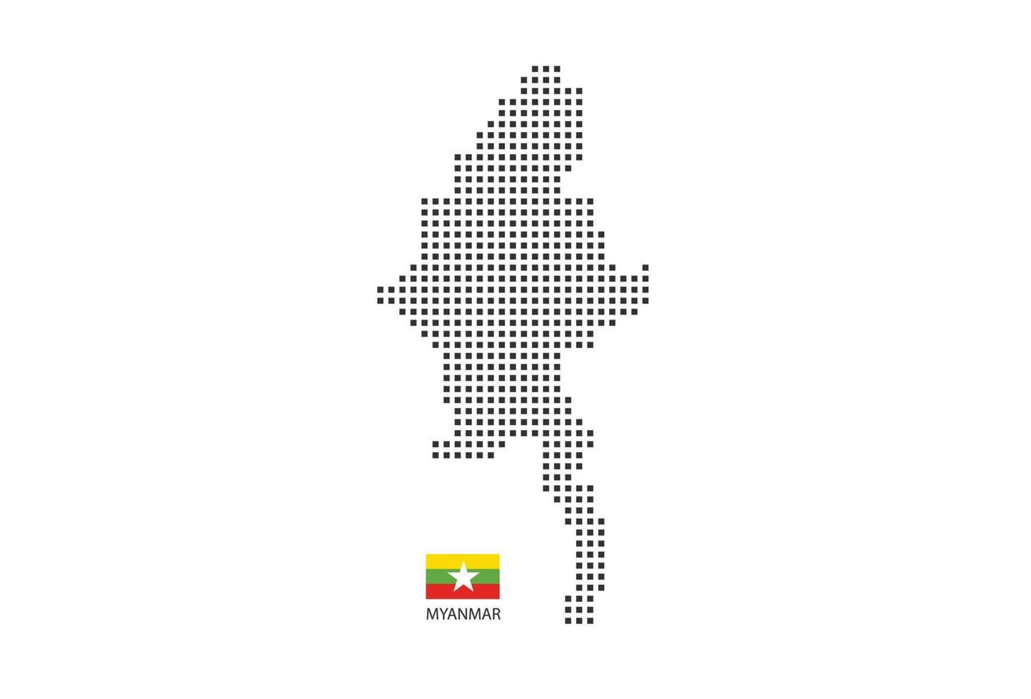 Vector square pixel dotted map of Myanmar isolated on white background with Myanmar flag.