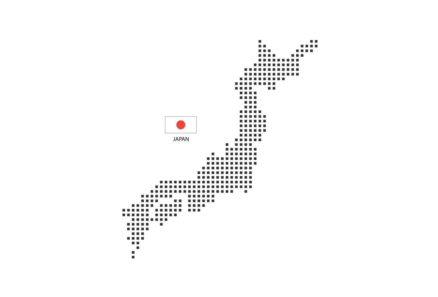 mapa punteado de píxeles cuadrados vectoriales de japón aislado sobre fondo blanco con bandera de japón. vector
