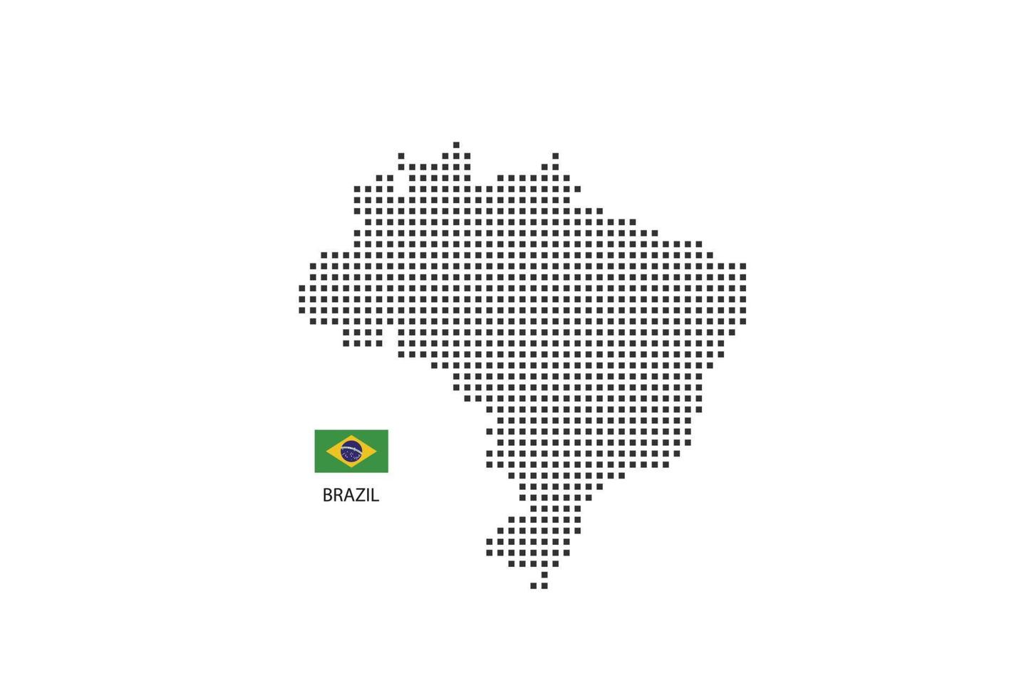 Vector square pixel dotted map of Brazil isolated on white background with Brazil flag.