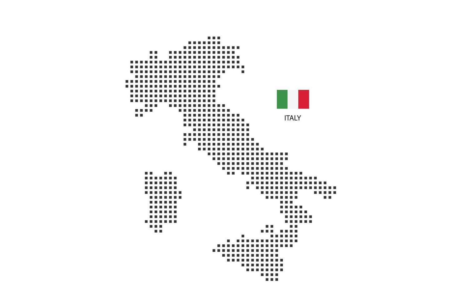 Mapa punteado de píxeles cuadrados vectoriales de Italia aislado sobre fondo blanco con bandera de Italia. vector