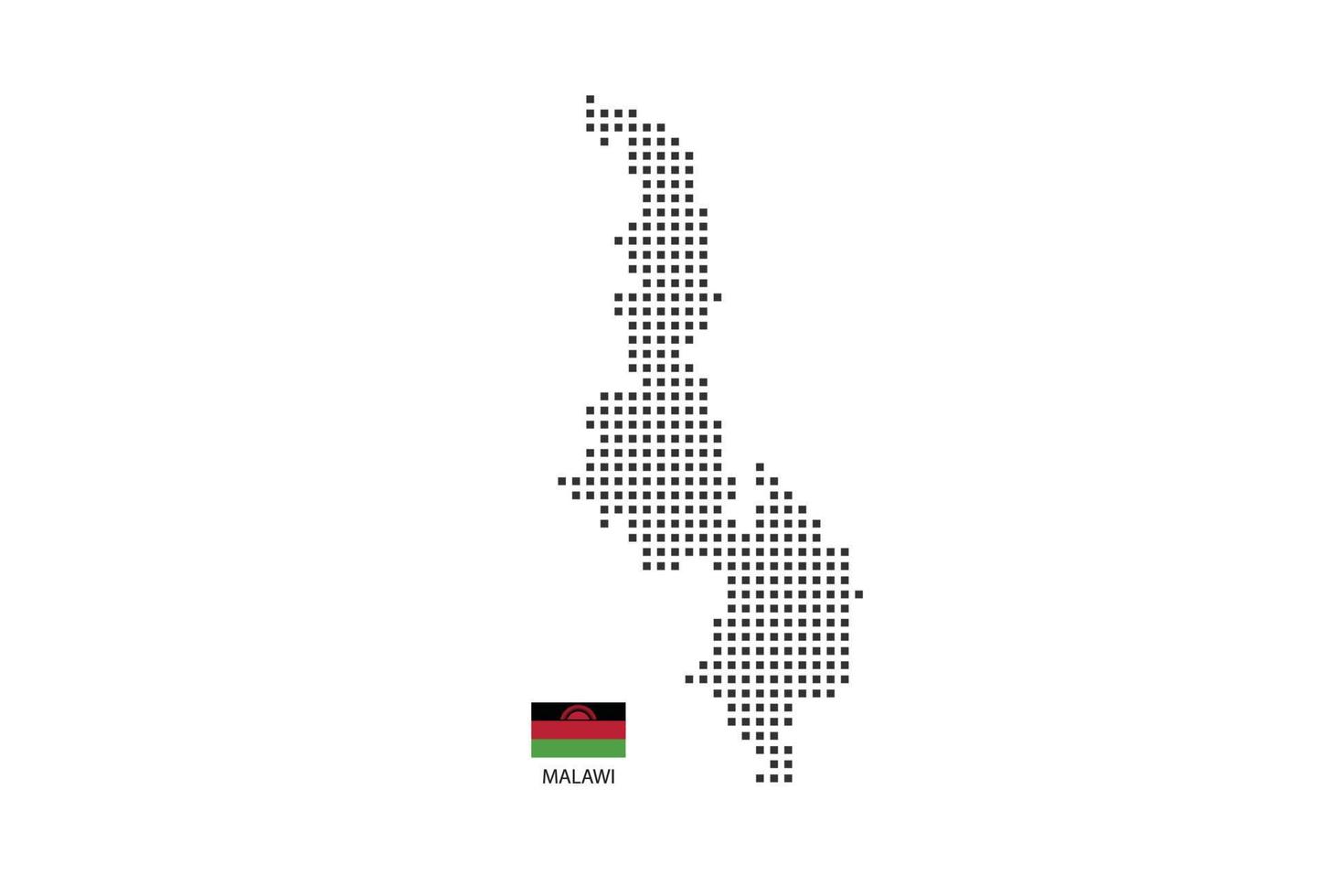 Vector square pixel dotted map of Malawi isolated on white background with Malawi flag.