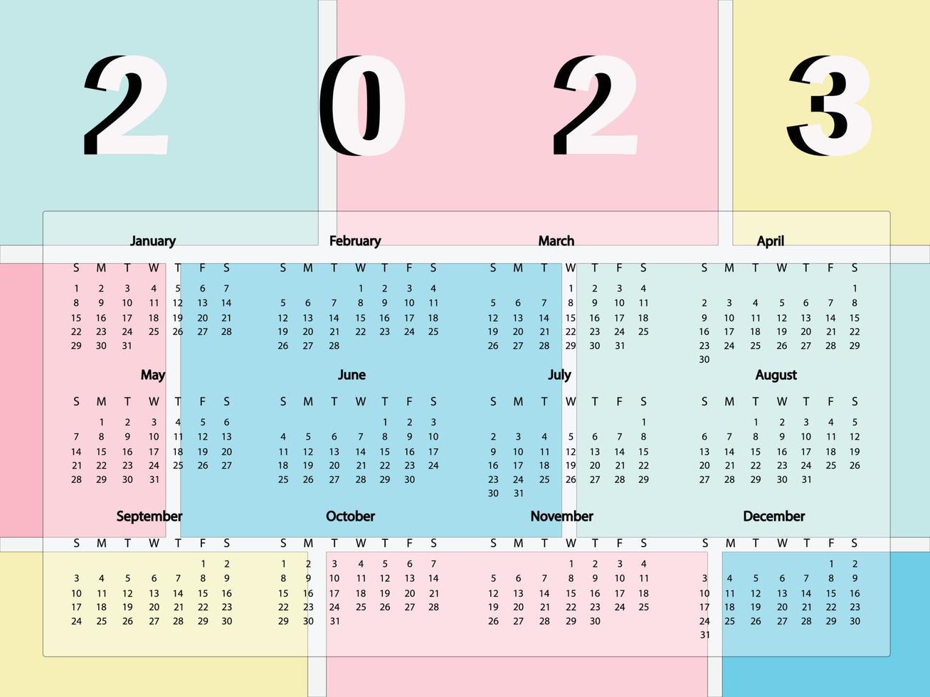 Calendar 2023 with sweet pastel background. This 12 months calendar in 2023. Vector illustration.