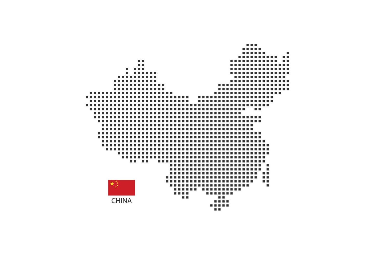 Vector square pixel dotted map of China isolated on white background with China flag.