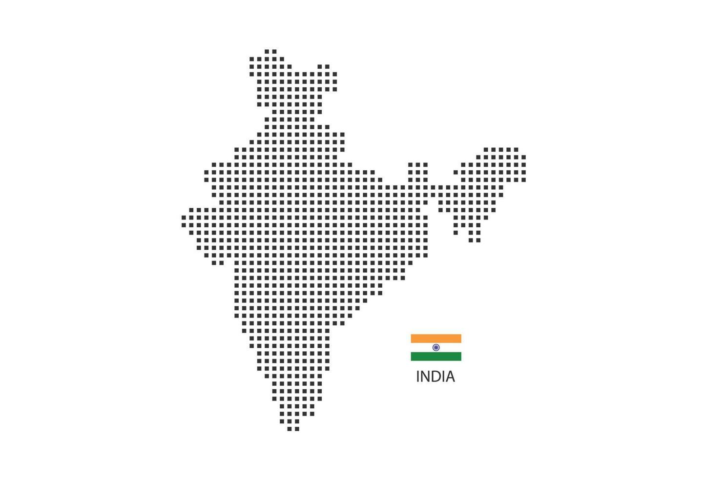 mapa punteado de píxeles cuadrados vectoriales de india aislado sobre fondo blanco con bandera india. vector