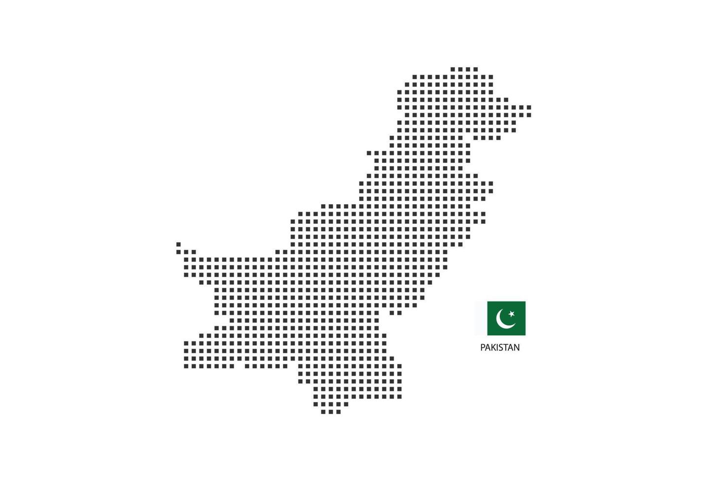 Mapa punteado de píxeles cuadrados vectoriales de Pakistán aislado sobre fondo blanco con bandera de Pakistán. vector
