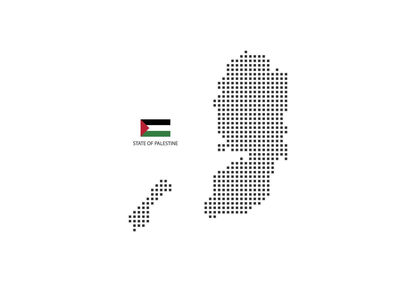 Mapa punteado de píxeles cuadrados vectoriales del estado de palestina aislado sobre fondo blanco con bandera del estado de palestina. vector