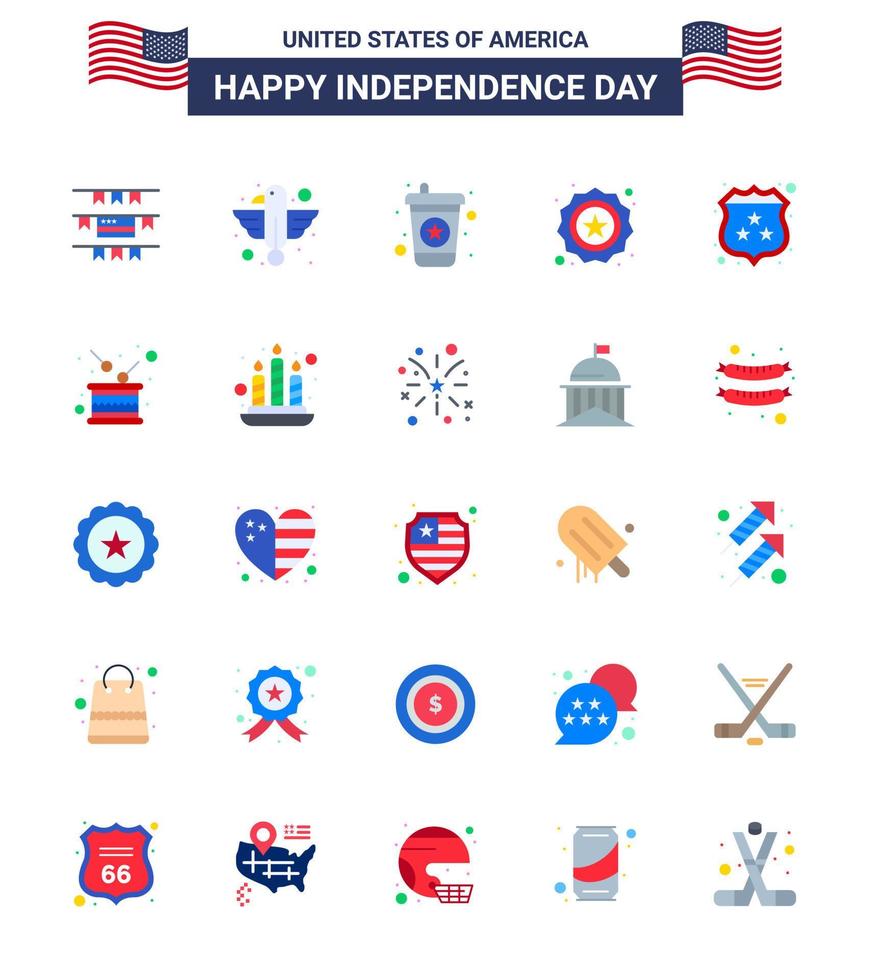 Flat Pack of 25 USA Independence Day Symbols of shield american beverage flag security Editable USA Day Vector Design Elements