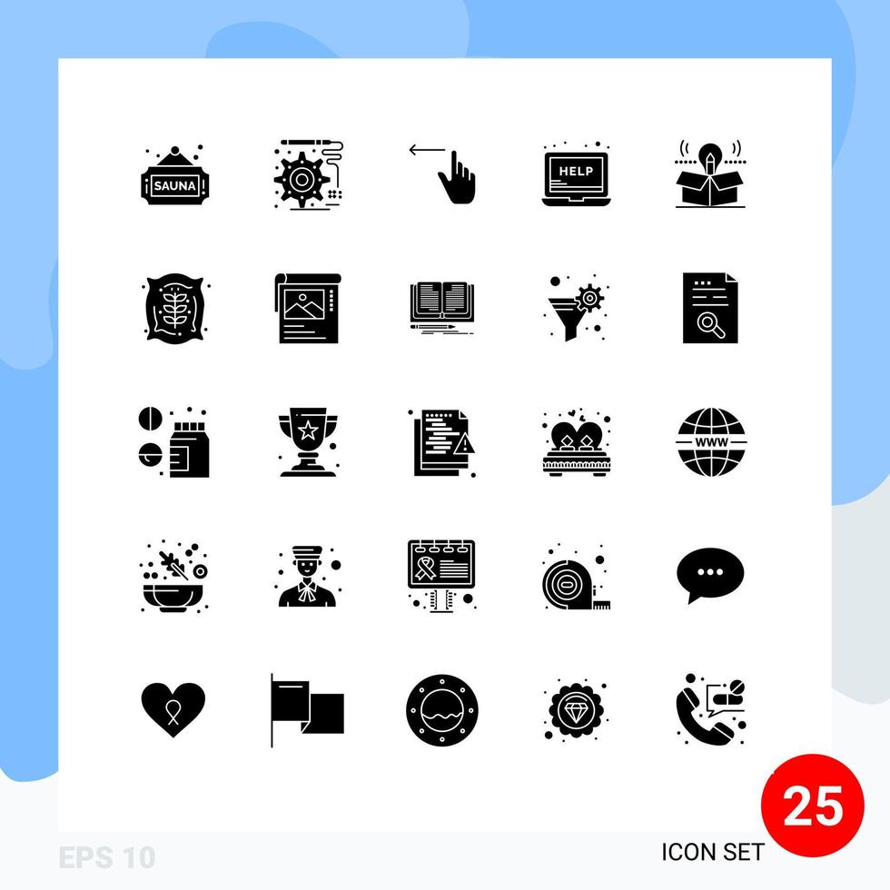 Pack of 25 Modern Solid Glyphs Signs and Symbols for Web Print Media such as bulb box gestures support laptop Editable Vector Design Elements