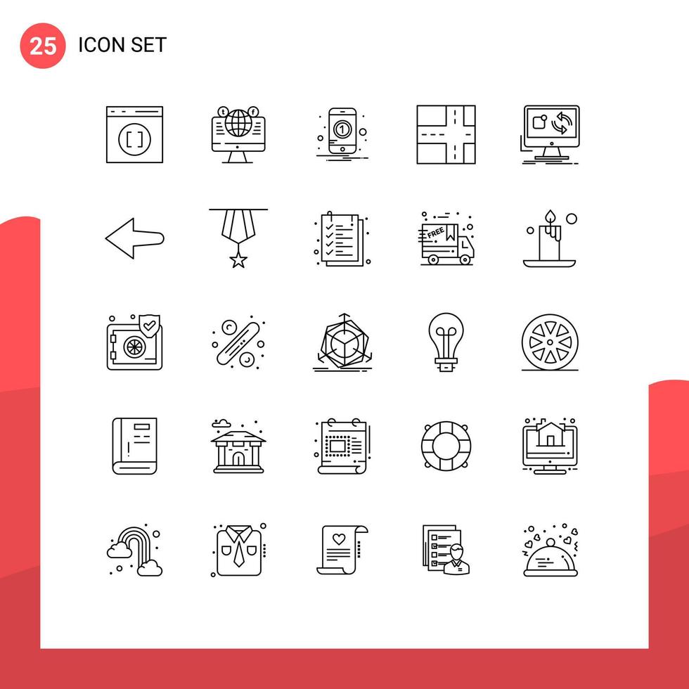 Pack of 25 Modern Lines Signs and Symbols for Web Print Media such as install app facebook update mobile Editable Vector Design Elements
