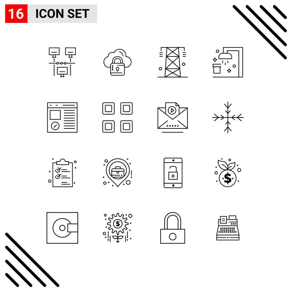 Pack of 16 Modern Outlines Signs and Symbols for Web Print Media such as browser shower electricity clean tower Editable Vector Design Elements