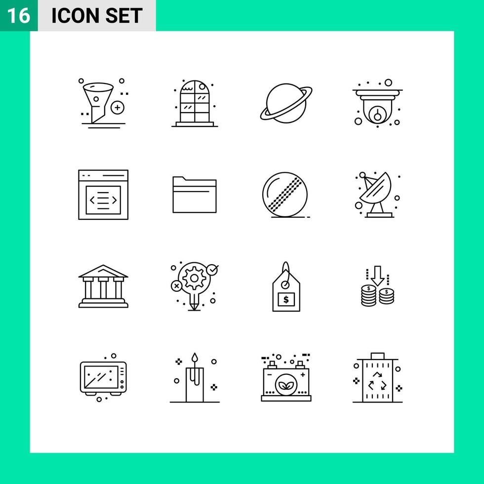Editable Vector Line Pack of 16 Simple Outlines of communication security planet cctv mars Editable Vector Design Elements