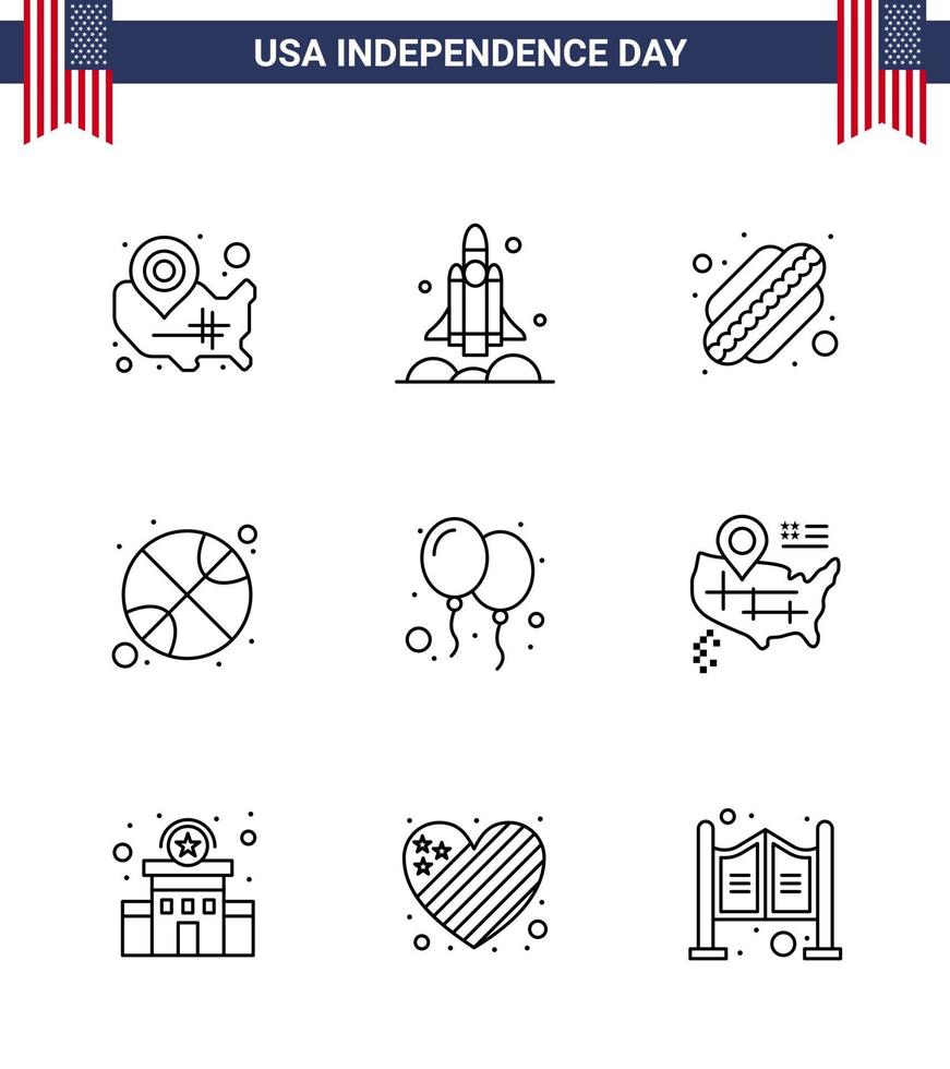 Editable Vector Line Pack of USA Day 9 Simple Lines of balloons sports transport ball states Editable USA Day Vector Design Elements