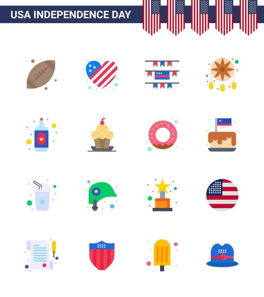 Big Pack of 16 USA Happy Independence Day USA Vector Flats and Editable Symbols of wine alcohol buntings western decoration Editable USA Day Vector Design Elements