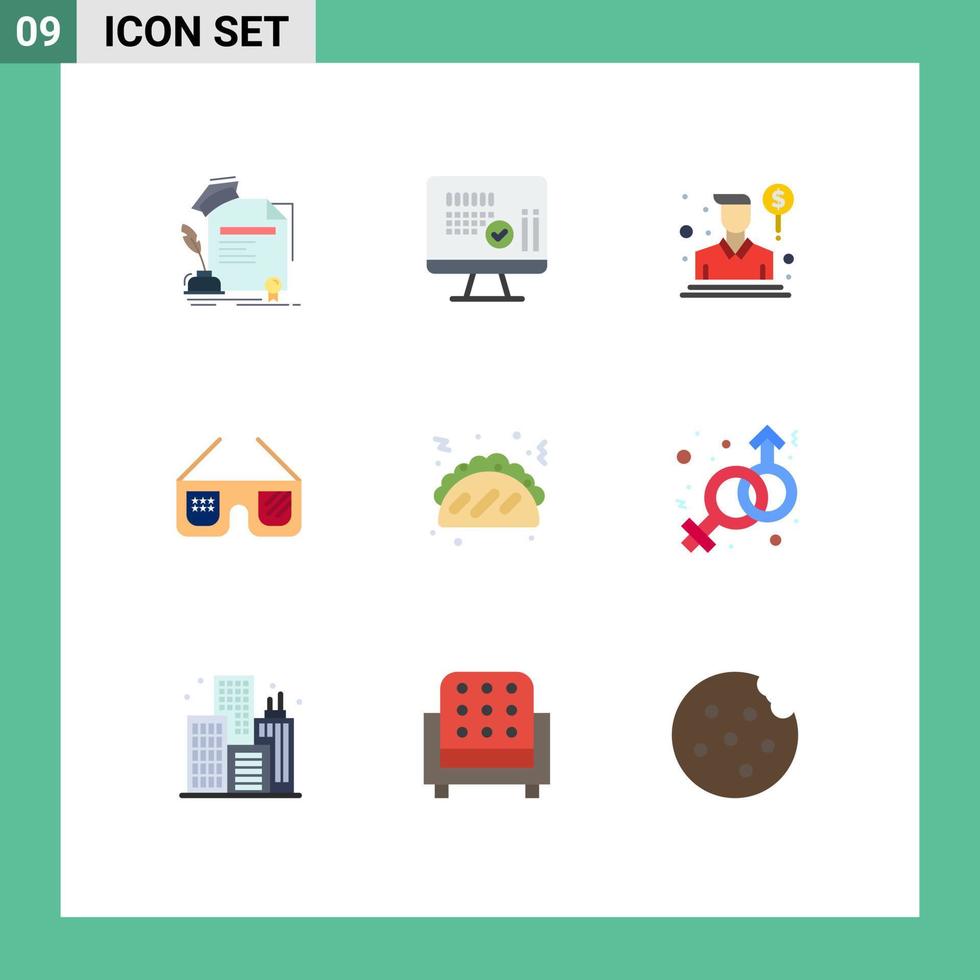 paquete de 9 signos y símbolos de colores planos modernos para medios de impresión web como taco imerican calender gafas vendedor elementos de diseño de vectores editables