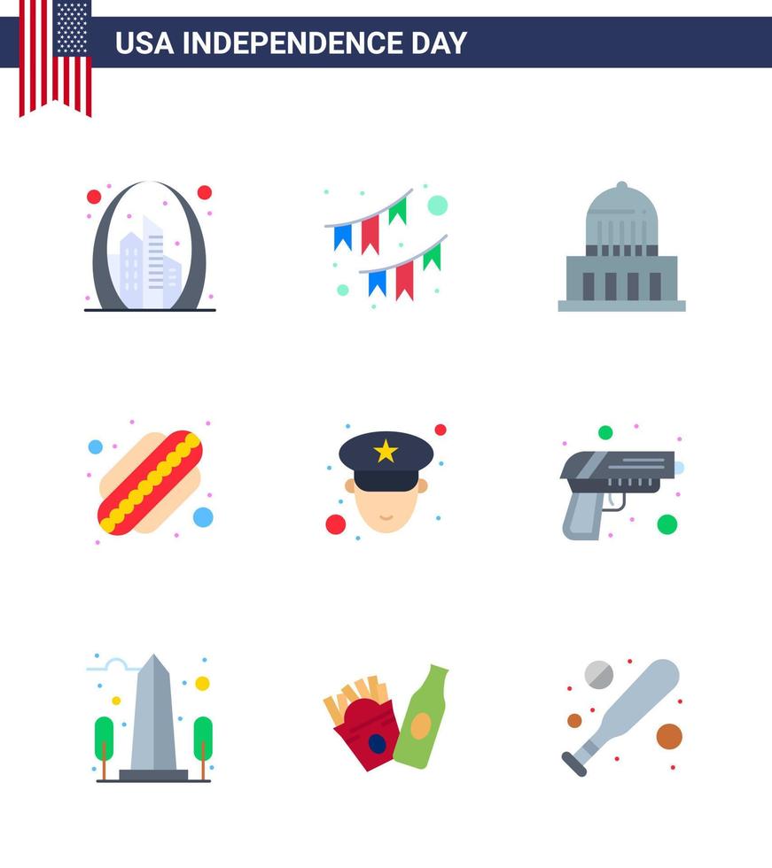 Editable Vector Line Pack of USA Day 9 Simple Flats of man hotdog party american landmark Editable USA Day Vector Design Elements