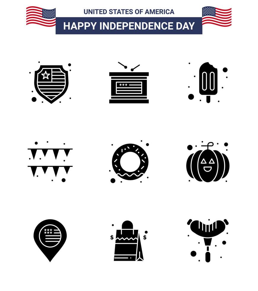 9 USA Solid Glyph Signs Independence Day Celebration Symbols of pumpkin nutrition popsicle food paper Editable USA Day Vector Design Elements