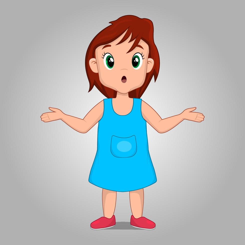 Cute Little girl thinking pose, 2d cartoon character vector