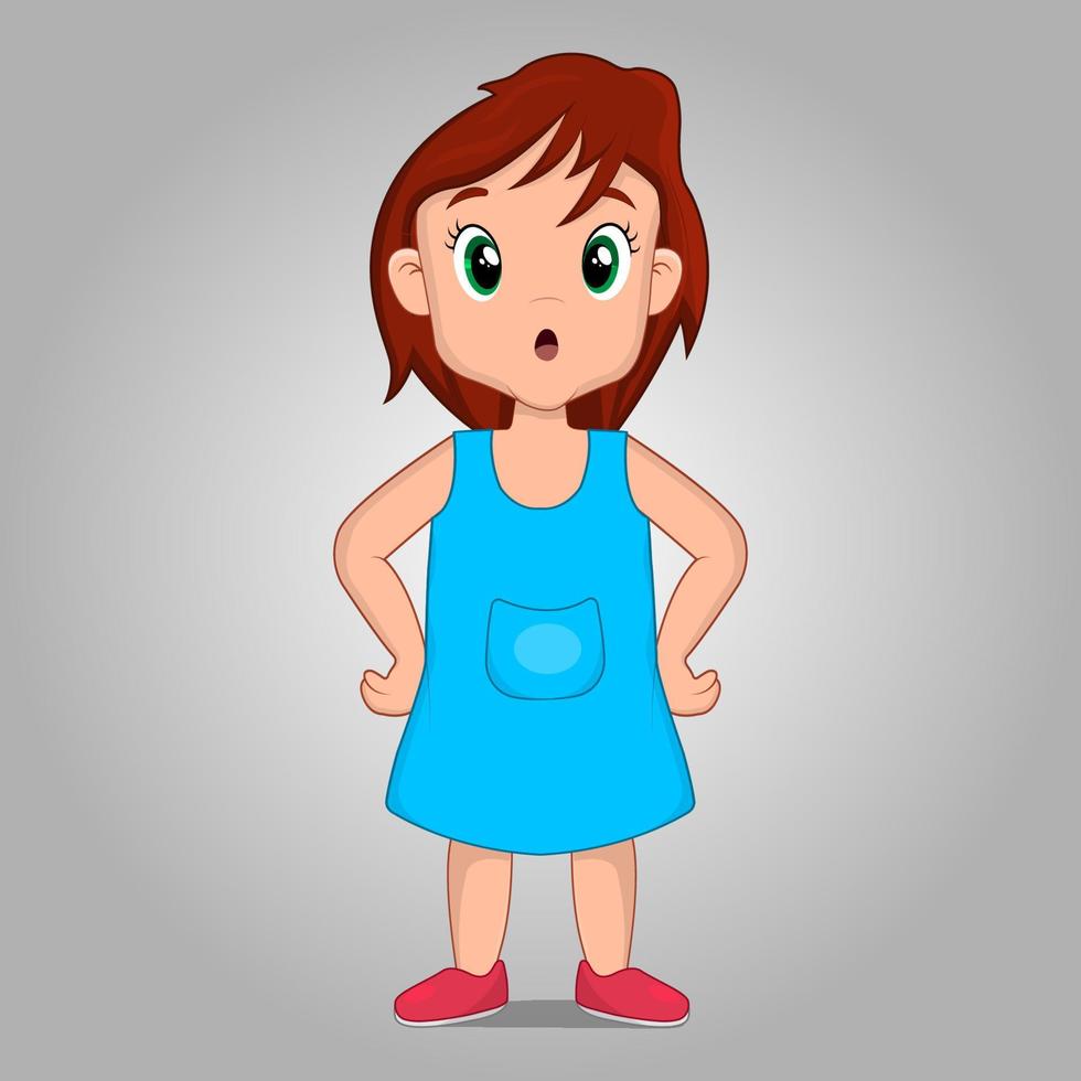 Cute Little girl thinking pose, 2d cartoon character vector