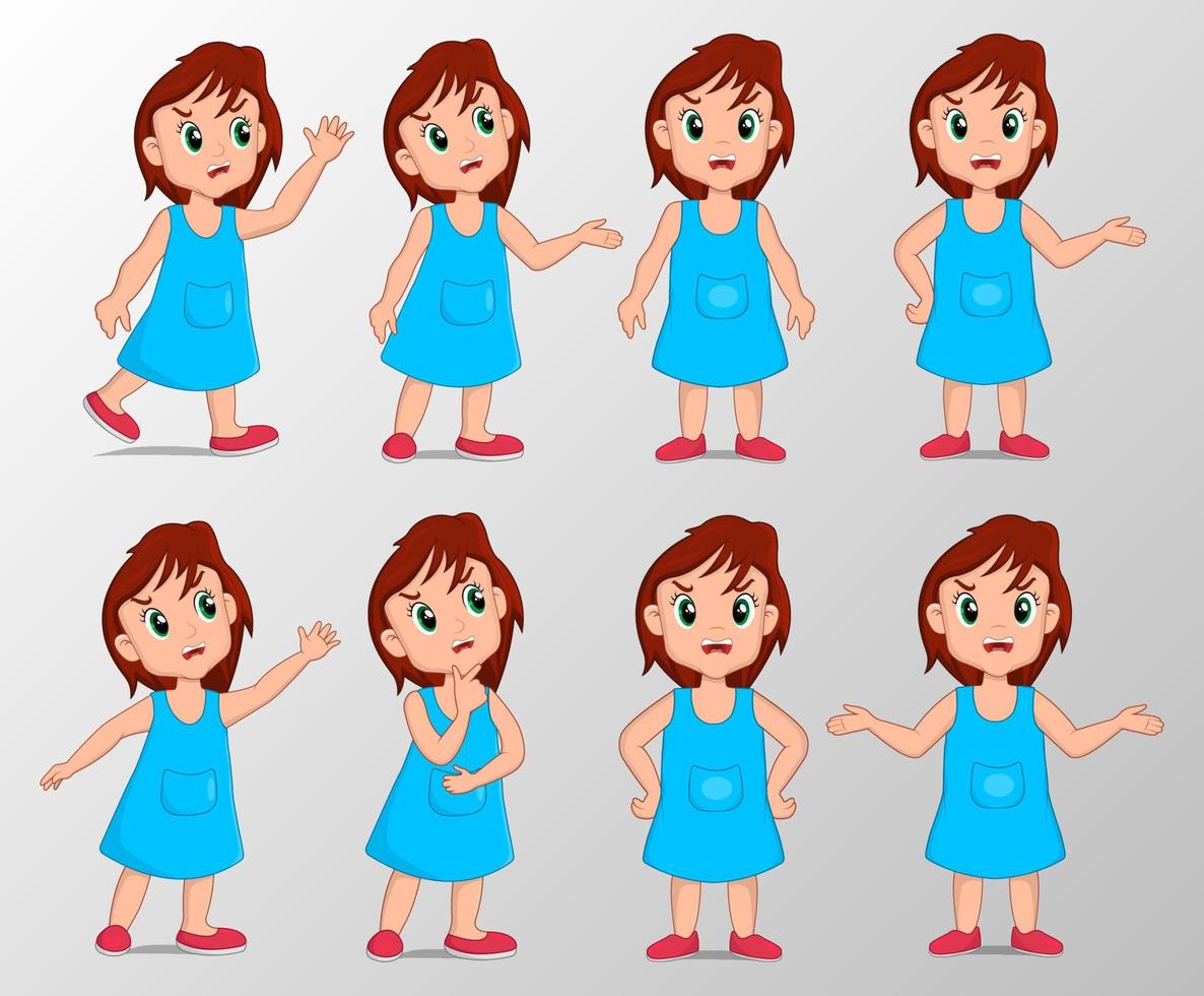 Cute girl with angry gesture expression set vector illustration