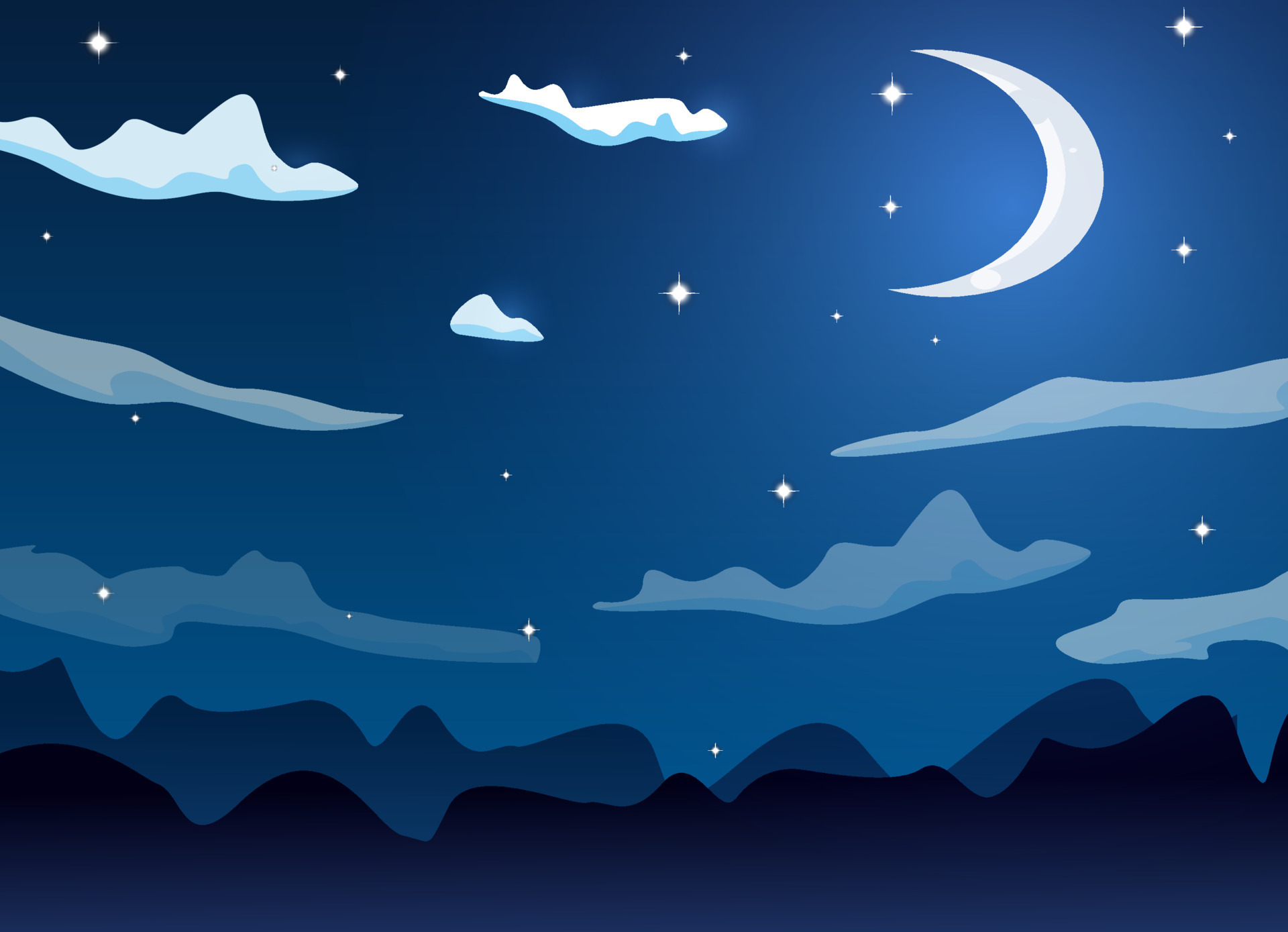 Night cartoon sky with clouds, full moon, moonlight and stars vector  background design. 14992122 Vector Art at Vecteezy