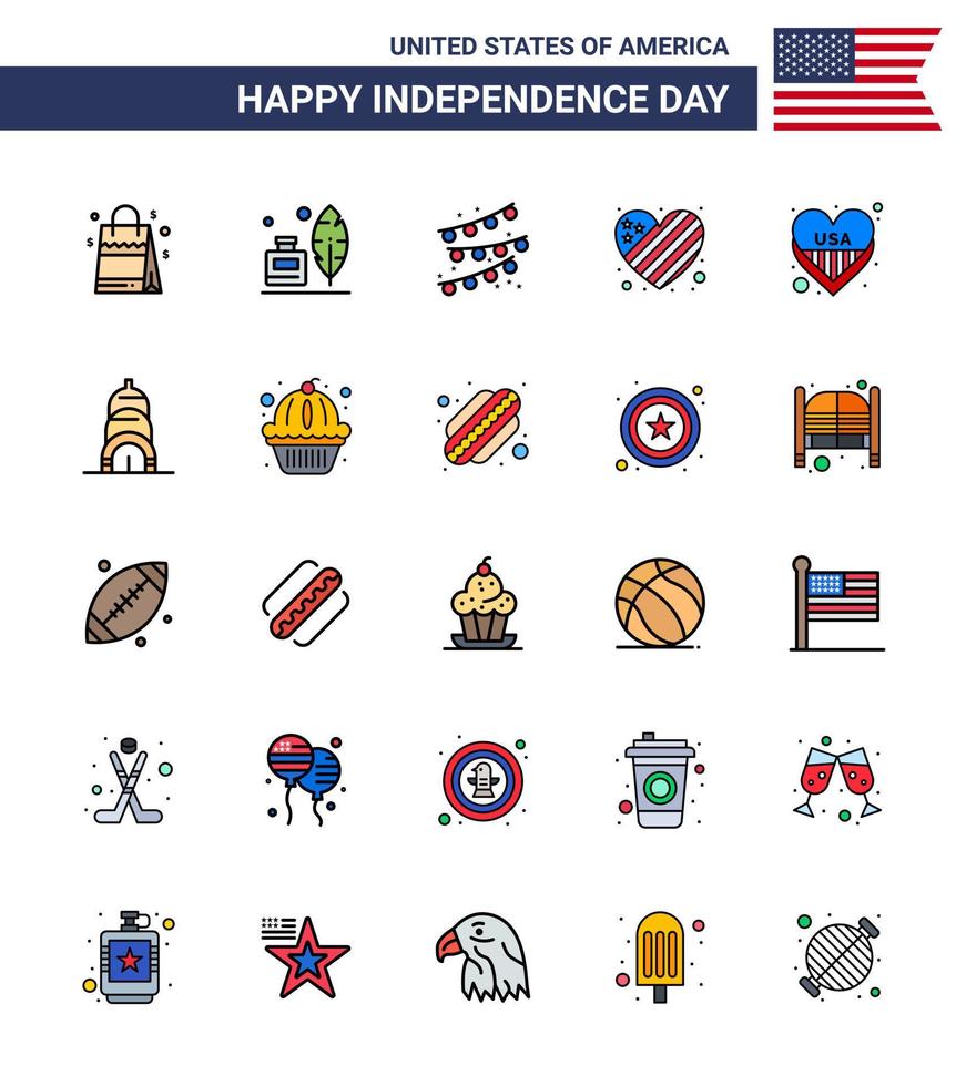 conjunto de 25 iconos del día de estados unidos símbolos americanos signos del día de la independencia para el amor empavesados americanos bandera de amor editable elementos de diseño vectorial del día de estados unidos vector