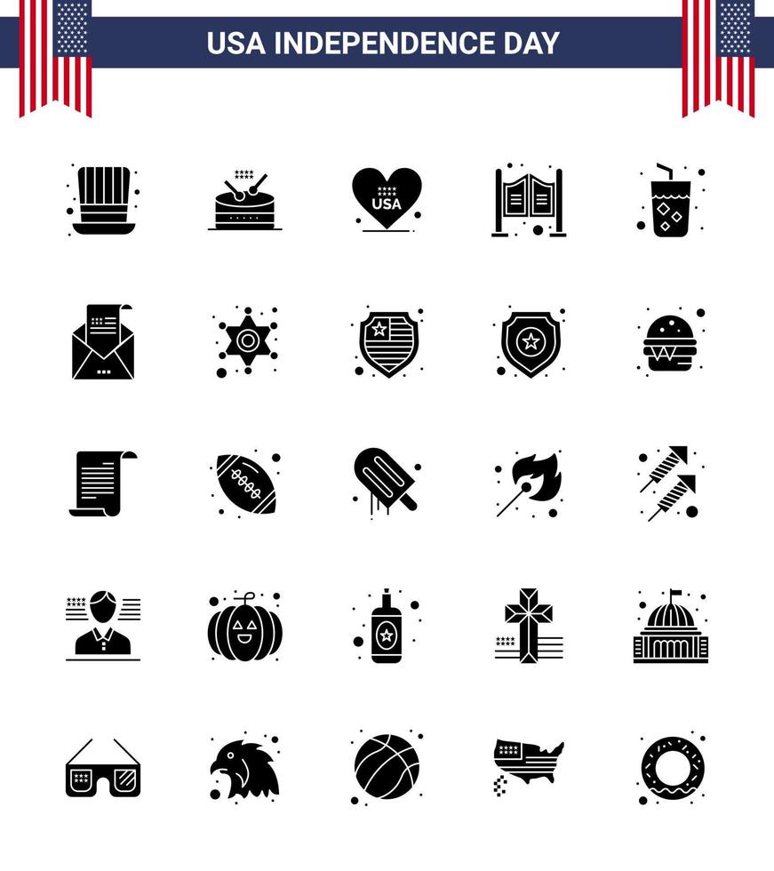 Editable Vector Solid Glyph Pack of USA Day 25 Simple Solid Glyph of drink western heart saloon door Editable USA Day Vector Design Elements