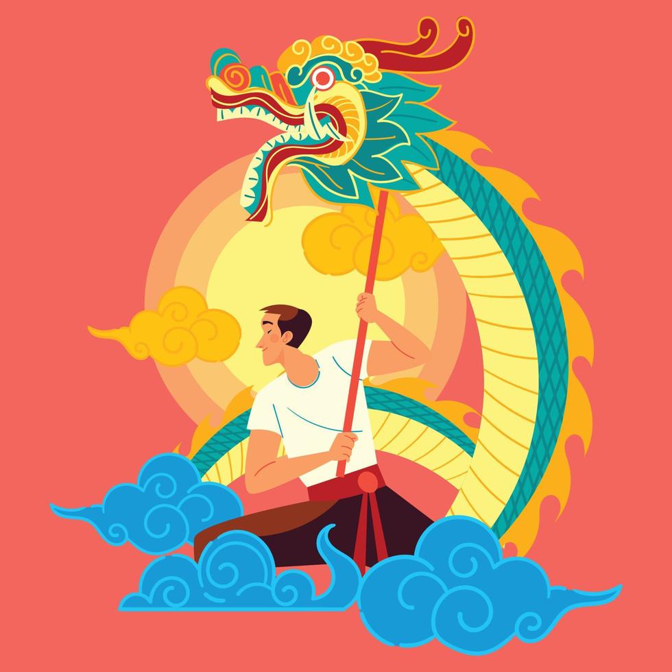 Young Chinese Man Performing Dragon Dance vector