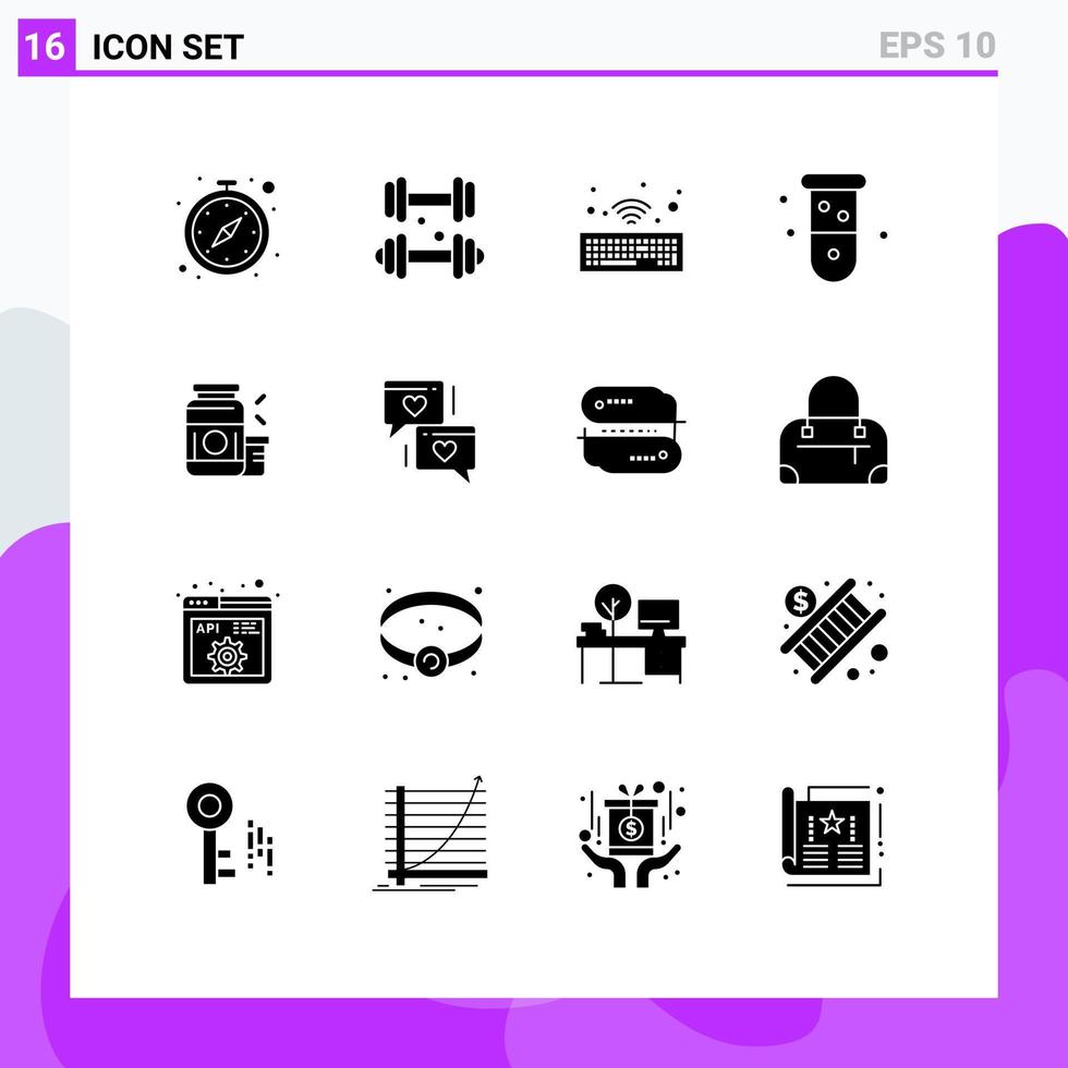 16 User Interface Solid Glyph Pack of modern Signs and Symbols of gainer laboratory hardware chemistry biology Editable Vector Design Elements