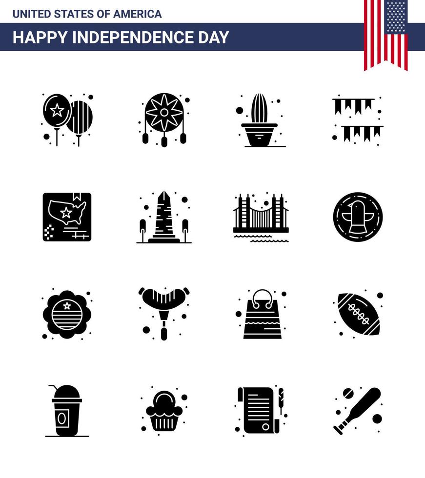 16 USA Solid Glyph Pack of Independence Day Signs and Symbols of american decoration cactus buntings american day Editable USA Day Vector Design Elements