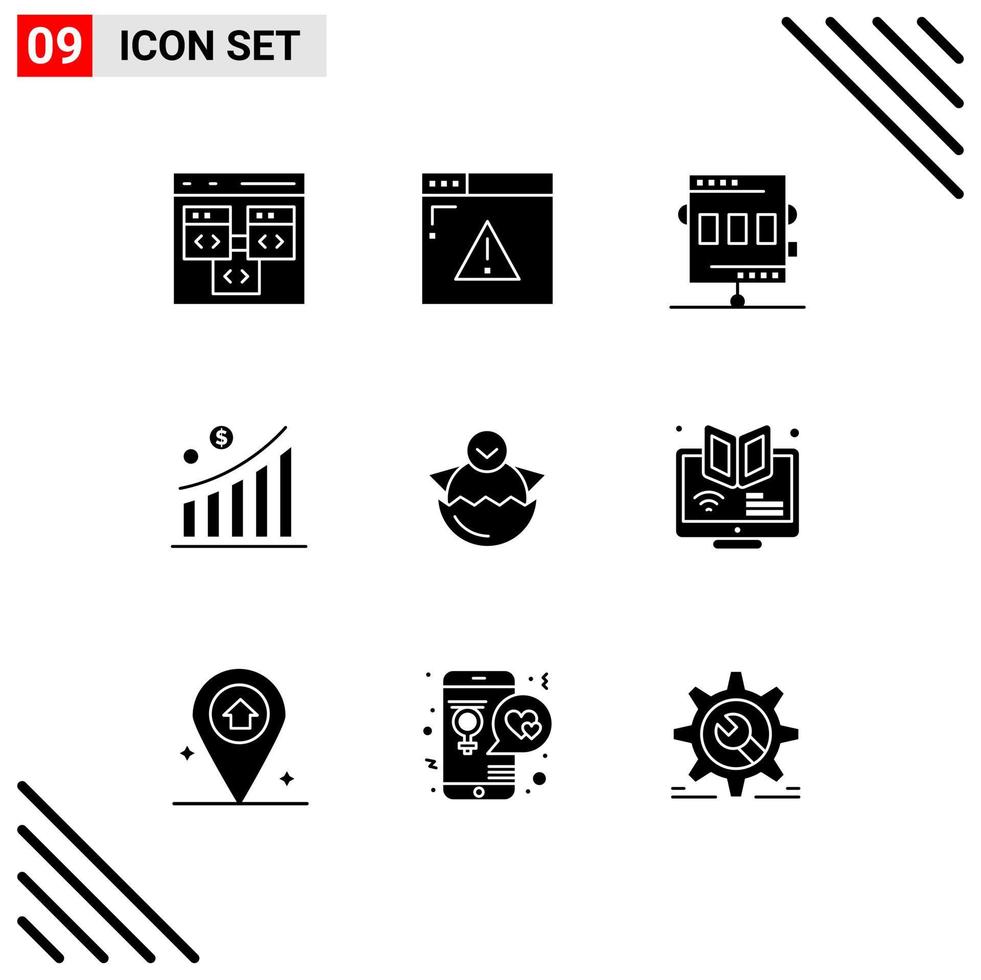 Pictogram Set of 9 Simple Solid Glyphs of statistic graph web page business game Editable Vector Design Elements